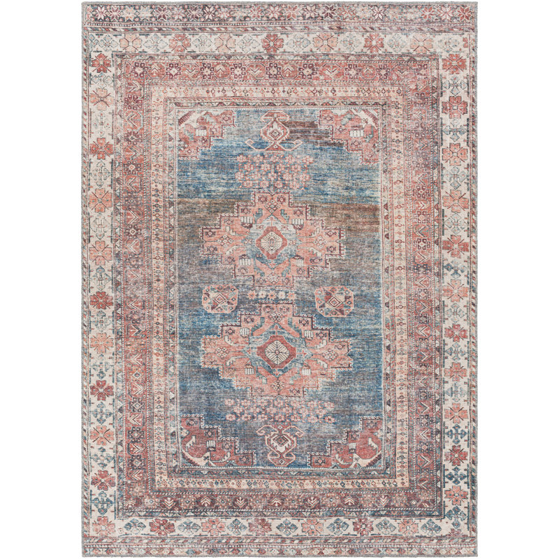 Langley Street Bria Machine Washable Oriental Blue/Dusty Coral Area Rug